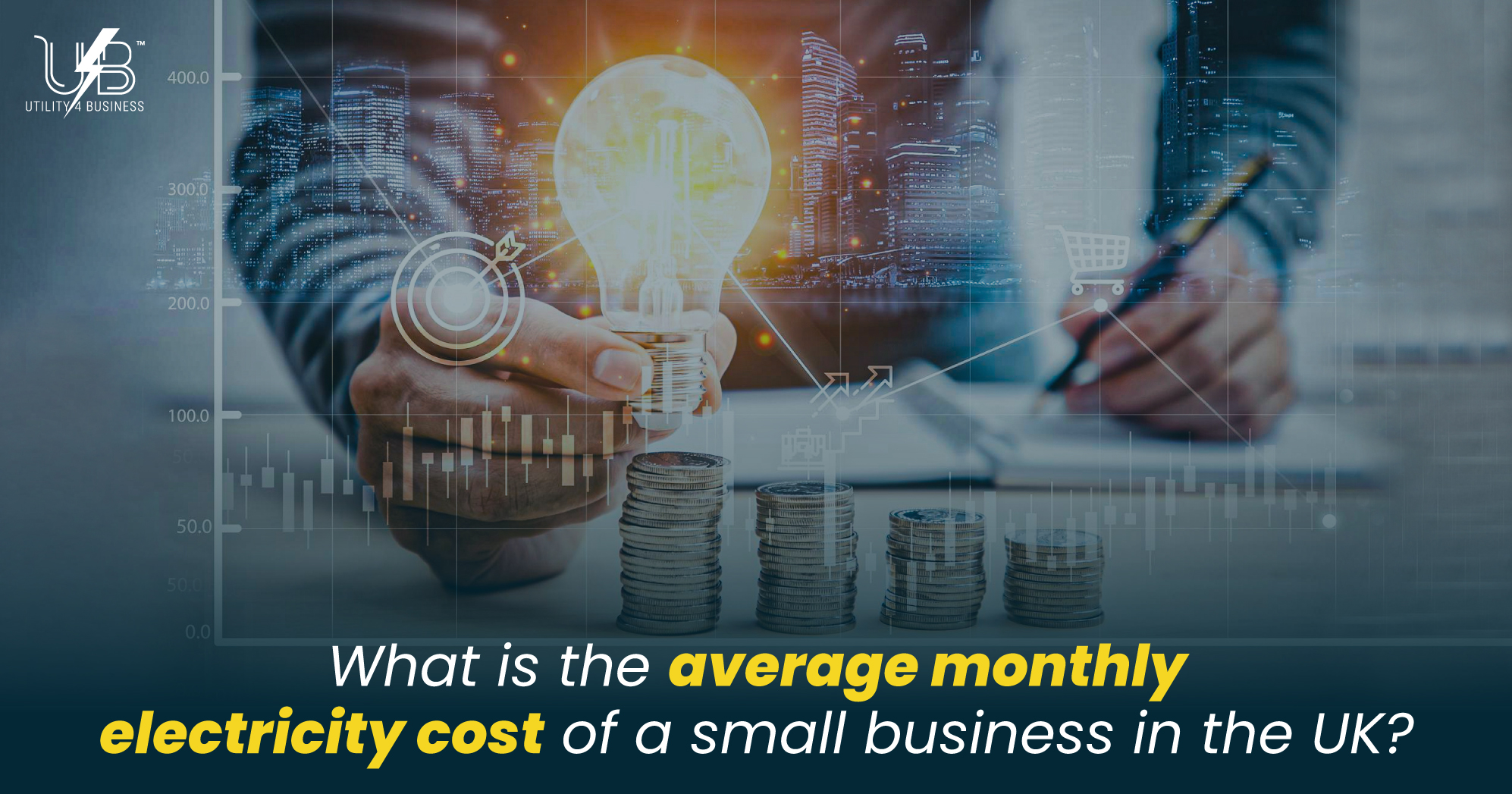 the average monthly electricity cost of a small business in the UK, with lightbulb and coin stacks.